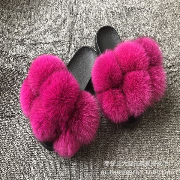 

kfwa colorful children mink big fox racoon fur fluffy furry slides slippers, Black