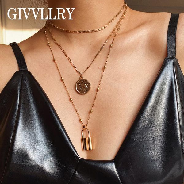 

золотая цепь choker трехслойная цепи ожерелье vintage геометрическая рельефный star монет замок подвеска ожерелье женщины ювелирные изделия, Silver