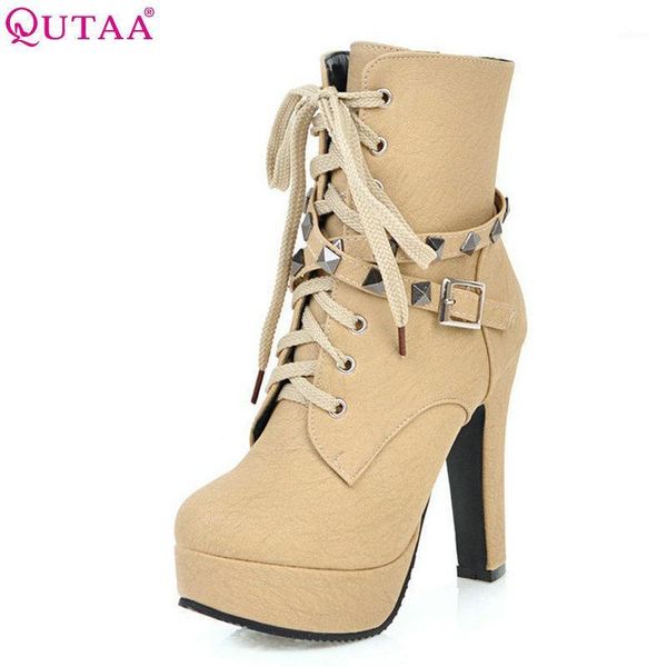 

boots qutaa 2021 women ankle rivet design round toe pu leather rubber square high heel zipper motorcycle size 34-431, Black