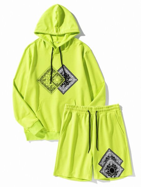 

men paisley scarf print kangaroo pocket drawstring hoodie & shorts v2oz#, Gray