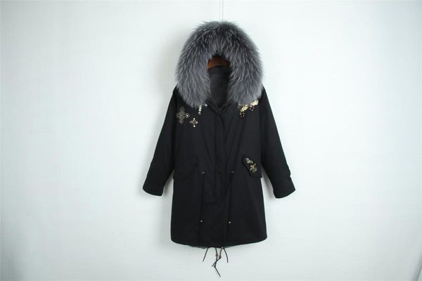 

women's fur & faux black long parka women and men winter jacket coat with real raccoon collar