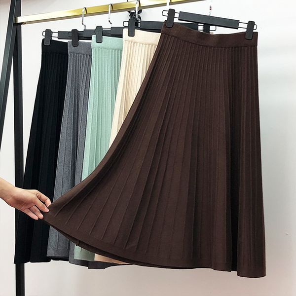 

2021 new vintage elegant winter women sweater skirt elastic high waist pleated midi knitted a-line female solid thick skirts 0r73, Black