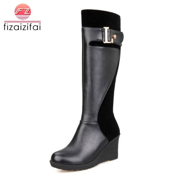 

coolcept plus size 30-52 women high wedges boots patchwork winter knee boots metal buckle women shoes platform winter boots t200425, Black