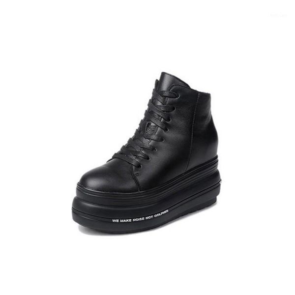 

black genuine leather platform boots women punk rock motorcycle lace up chunky ankle boots height increasing ladies shoes 34-391