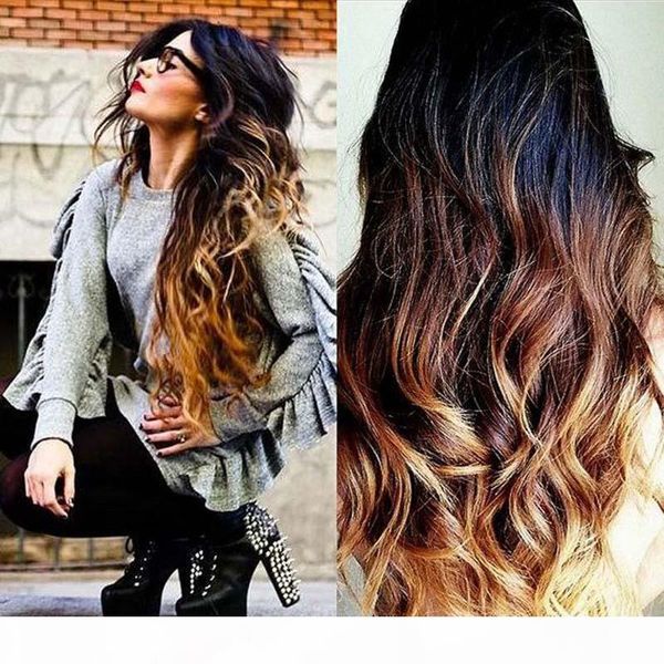 

super wavy full lace human hair wigs for black women brazilian hair three tone #1b 4 27 ombre color lace front wig, Black;brown