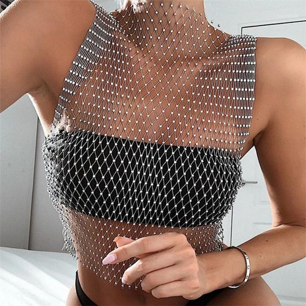

shiny rhinestone tank women see through grid patchwork hollow out sleeveless crop fashion clubwear lady tank 1, White