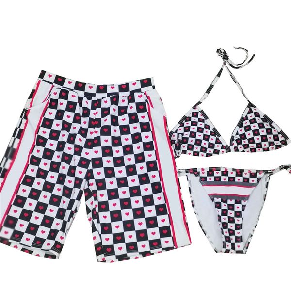 

love plaid printed couple swimwear summer men beach swim shorts women lace up swimsuit one piece bathing suit for holiday, White;black