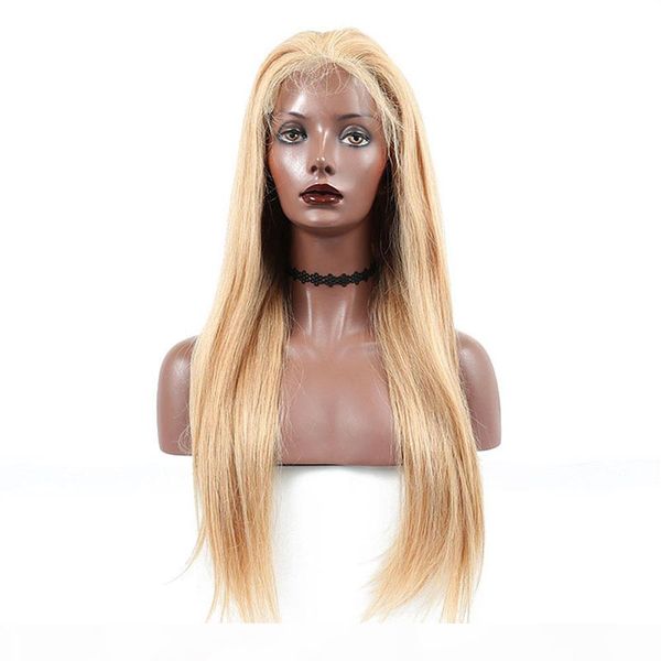 

golden blonde human hair wigs straight lace front wig virgin european glueless human hair full lace wigs with baby hair color #27, Black;brown