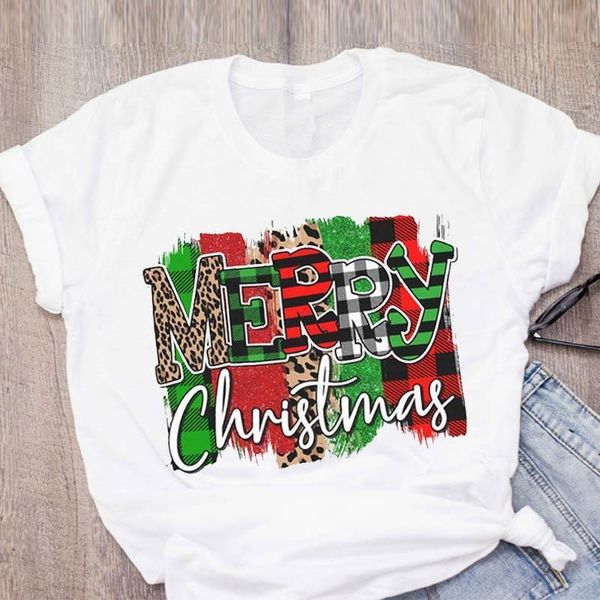 

women graphic plaid leopard printing holiday new year merry christmas printed lady tees clothing female t shirt t-shirt, White