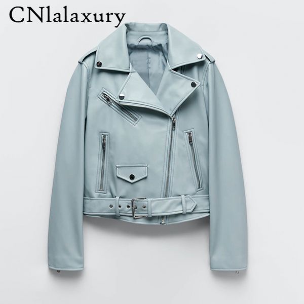 

2021 new spring autumn women blue faux leather jaet ladies solid with belt zipper biker coat female casual outwear veste femme, Black