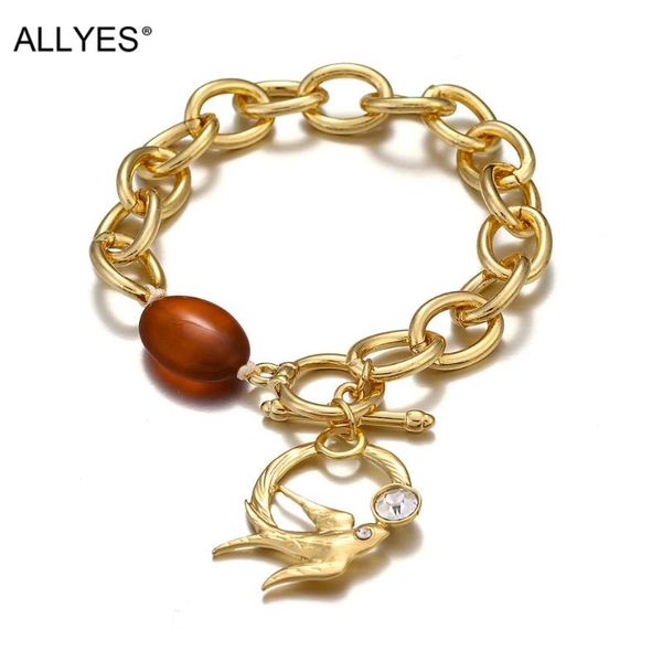 

charm bracelets allyes gold color metal chain swallow bracelet natural stone beads link wristband jewelry couple gifts, Golden;silver