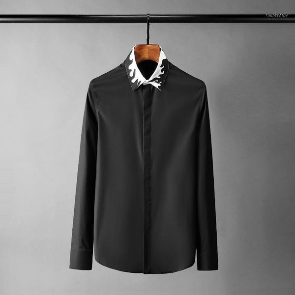 

men's casual shirts flame embroidered mens luxury long sleeve black white man plus size 4xl slim fit party male1, White;black
