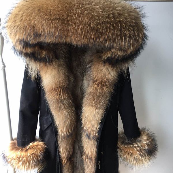

2020 new parka long winter jacket women outwear thick parkas raccoon natural real fur collar coat hooded real warm fox fur linerx1019, Black