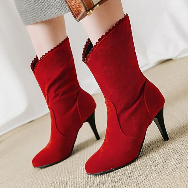

boots women winter shoes fashion pure color round toe slip-boots stiletto heels vintage zapatos mujer booties1, Black