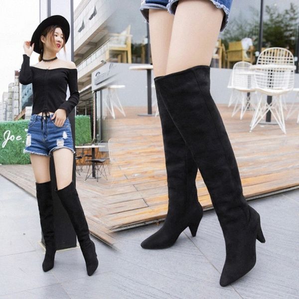 

brand over the knee high boots women flock thin heel pointed toe woman shoes winter shoes all match women boots size 35-40 #r12c, Black