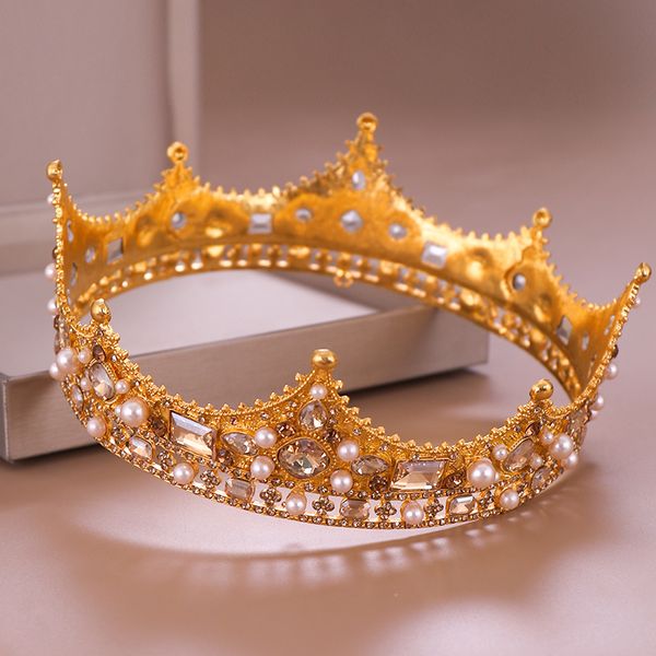 

vintage gold royal crown round tiara bride head jewelry pearl crystal hair accessories wedding crown ornaments headband diadem, Slivery;golden