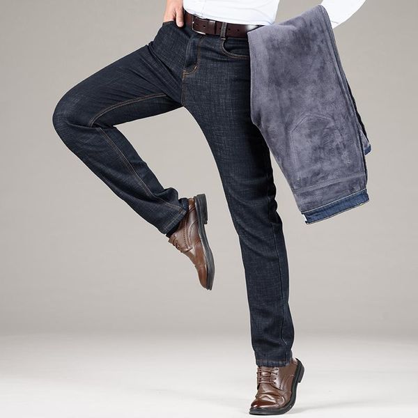 

men's jeans classic style winter warm business fashion casual denim stretch cotton thick fleece pants male brand trousers, Blue