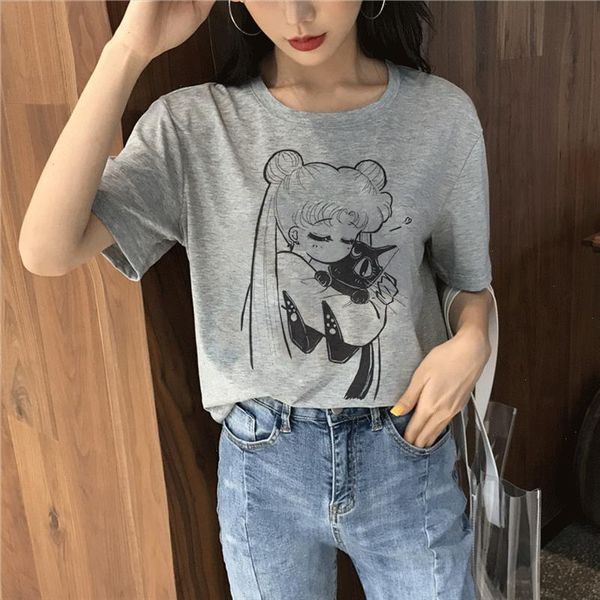 

sailor moon 90s funny gray t shirt harajuku clothes tshirt aesthetic cat anime vogue t shirt kawaii graphic ullzang women, White