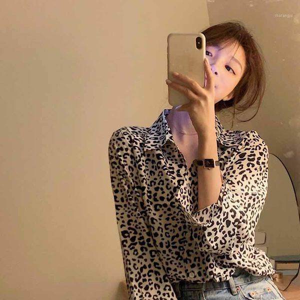 

women blouse 2020 autumn turn-down collar long sleeve leopard shirt loose temperament clothing for women ladies blouses1, White