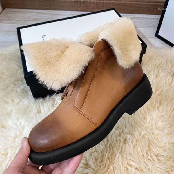 

2021 winter short boots women flat shoes fashion real fur boots warm genuine leather casual zipper retro brown big size 33-411, Black