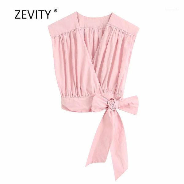 

new women sweet v neck hem bow tied pink poplin blouse ladies sleeveless pleats chic shirts casual slim femininas ls68111, White