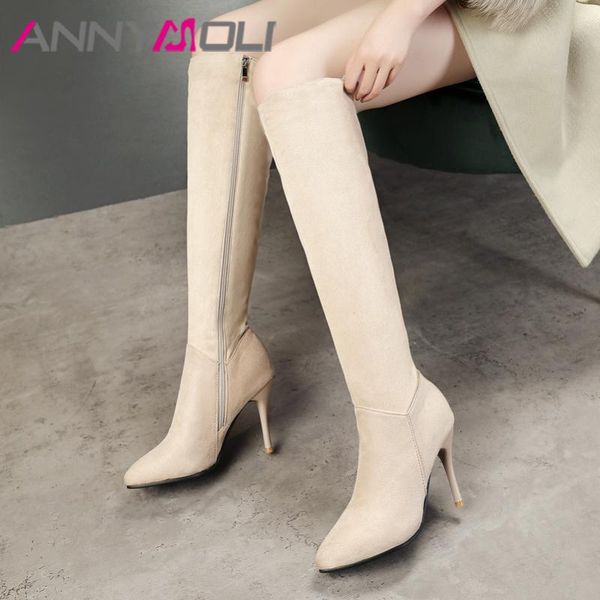 

annymoli autumn knee high boots women boots zipper thin heels tall slim super high heel shoes ladies winter big size 34-43, Black