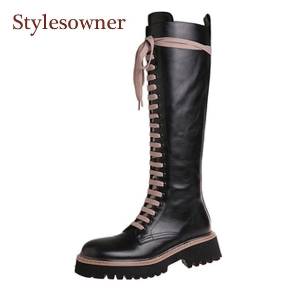 

boots knee-high genuine leather motorcycle retro long-tube lace-up side zipper platform woman for autumn winter, Black