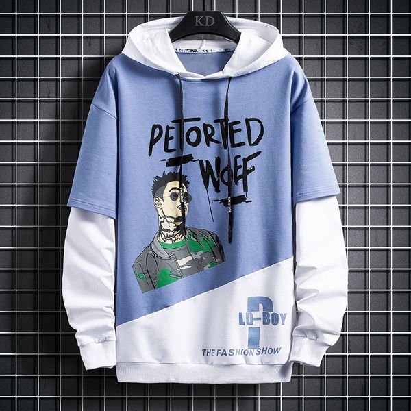 

2021 new japan casual o-neck spring autumn patchwork print black white hoodie sweatshirt men's fleece hip hop streetwear clothes 3bfy