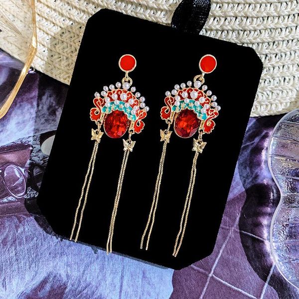 

new traditional chinese style red enamel crystal peking opera tassel dangle drop earrings gold color fashion wedding jewelry, Silver
