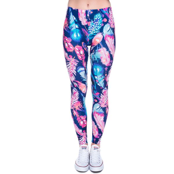 

leggings feathers color printing fitness legging elasticity leggins high waist slim legins trouser pants lj201006, Black