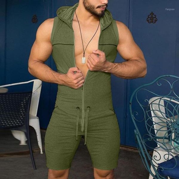 

new men's jumpsuit one piece tight fitness bodysuit playsuit summer men zipper sleeveless hooded rompers pants with pockets1, Black