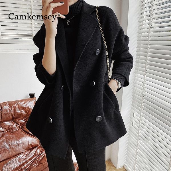 

office ladies leisure black blazer jackets korean notched double breasted autumn winter wool blends suits coats for women, White;black