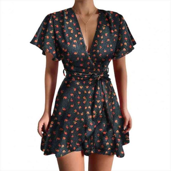 

women v neck short dress sweet-style large hemline charming a-line slim effect floral print summer dress for date wear, Black;gray