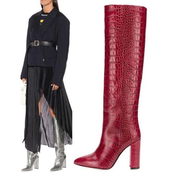 

siddons autumn crocodile skin women knee high boots pointed toe high heels slip on ladies winter runway shoes woman botas, Black