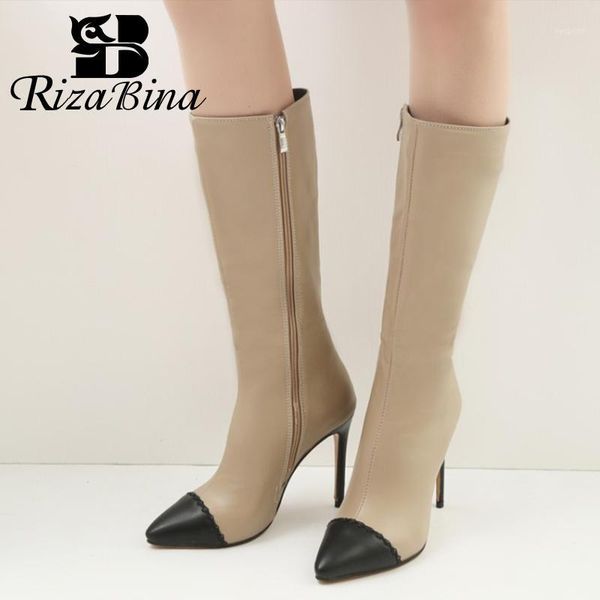 

boots rizabina plus size 32-46 knee high women winter warm office ladies shoes pointed toe thin heels zipper long boots1, Black