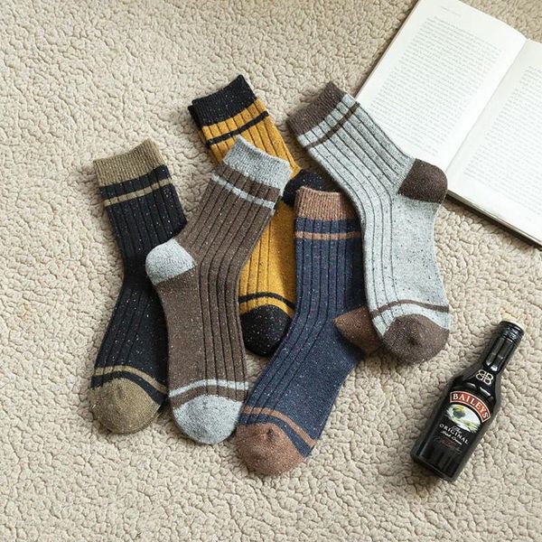 

15% wool socks men 5 pairs pack lot thicker winter warm funny happy male dot yarn casual men's sock set quality, Black