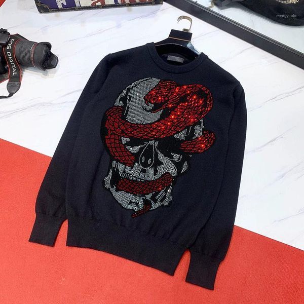 

autumn and winter new high-quality 2021 men's sweater knitted skull pullover warmth thermal drill long-sleeved sports, White;black