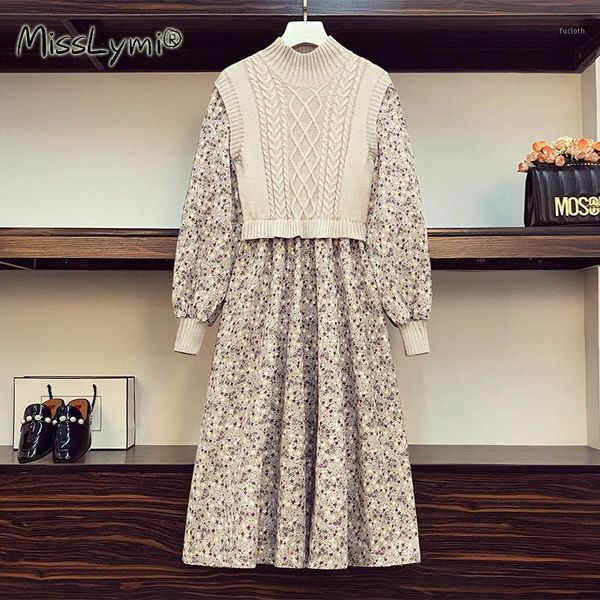

4xl plus size women vintage floral dress winter 2020 knitted sweater patchwork cotton long sleeve flower print midi dresses1, Black;gray