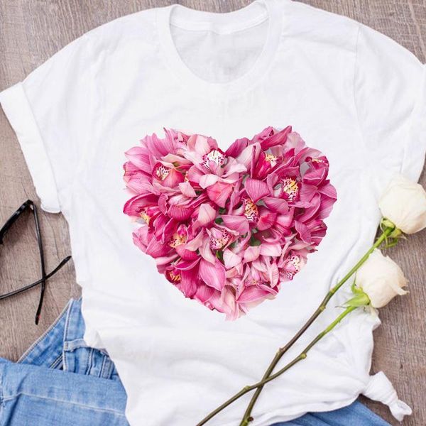

women graphic flower floral heart cute lover valentine 90s girl lady clothing female tees print t shirt womens t-shirt, White