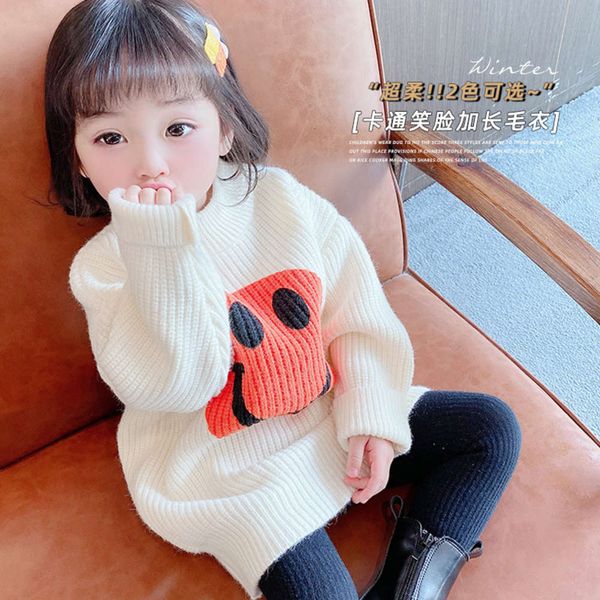 

new 2020 winter children's girls cartoon smile sweater lengthened thickened warm wool drs, Blue