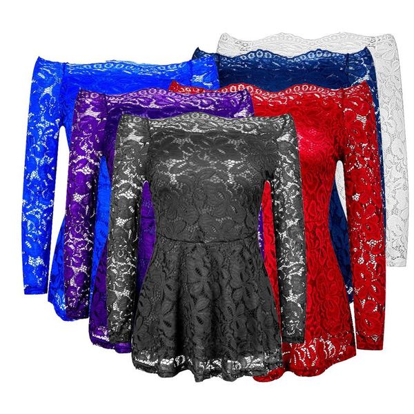 

2021 spring strapless shirt lace shirt women white slash neck long sleeve hollow tee blouse skinny autumn blusas