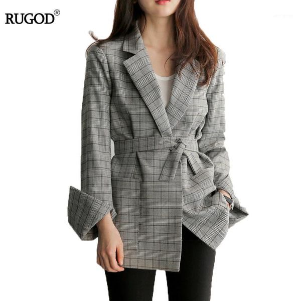 

rugod 2018 new spring gray plaid belted office lady blazer jacket fashion notched collar work suit elegant work blazers feminino1, White;black