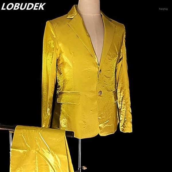 

men's singer host stage suit solid gold tuxedo blazers satin 2-pieces suits bar nightclub concert fashion performance costume1, White;black