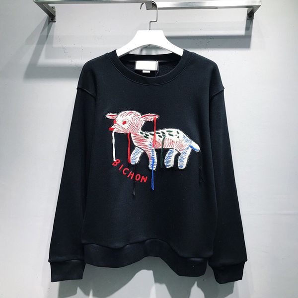 

autumn winter unique europe italy tassels embroidery lamb hoodie men women cotton casual street crew neck sweatshirt jumper, Black