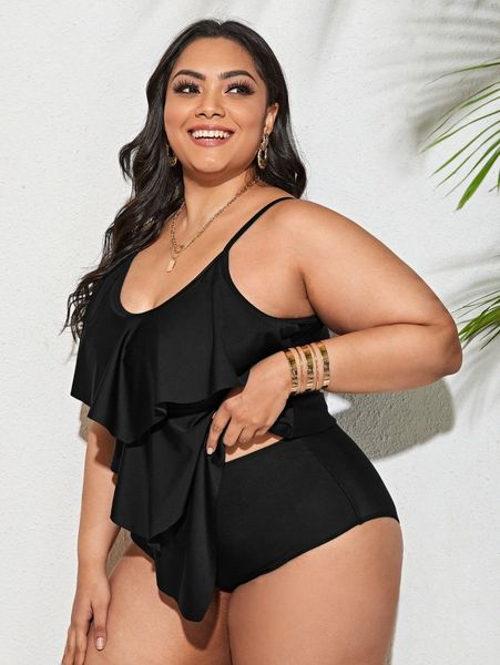 

plus tiered layer hanky hem bikini swimsuit z0om#, Black