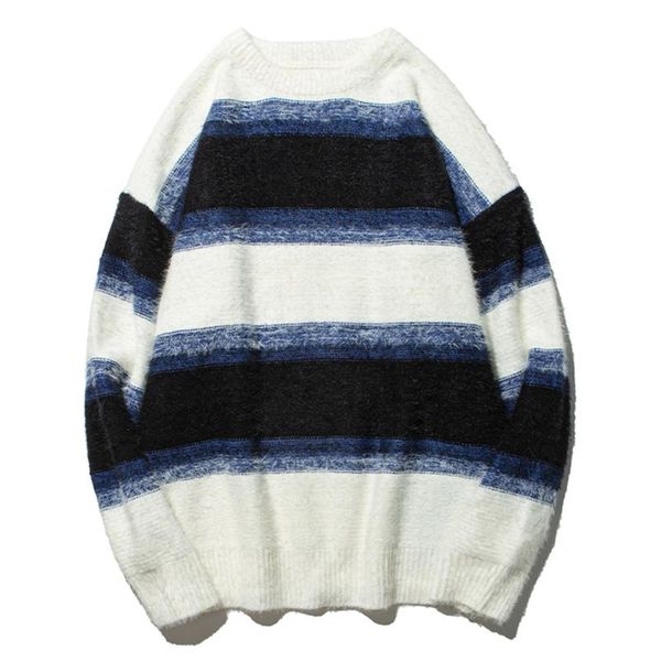 

hip hop patchwork stripe knitted sweater mens casual harajuku jumper sweater oversize 2020 winter warm pullover cotton white, White;black