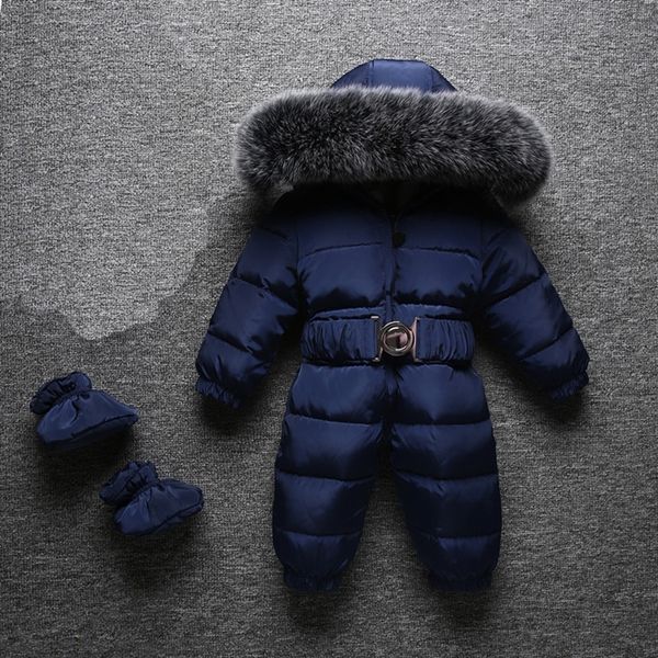 

jumpsuit children winter fox fur hood warm overalls for baby boys windproof girls onesie windproof duck down kids clothes y200320, Blue