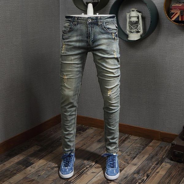 

italian style fashion men jeans slim fit elastic destroyed ripped jeans men baggy denim pants retro wash vintage designer1, Blue