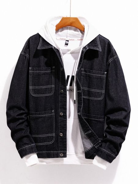 

men stitching patched pocket drop shoulder denim jacket without hoodie m0ec#, Blue