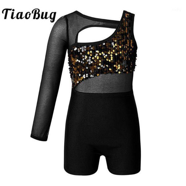 

kids mesh one-shoulder shiny sequins cutout ballet dancewear girls gymnastics leotard workout unitards stage performance costume1, Black;red